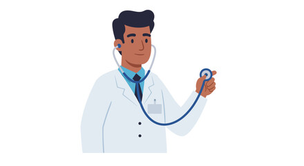 Illustration of a doctor holding a stethoscope, wearing a white coat and tie.