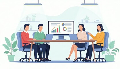 Business meeting with charts on screen and office interior. Team discussing financial data and business strategy. Collaboration and teamwork concept. Flat illustration animated graphics - Powered by Adobe