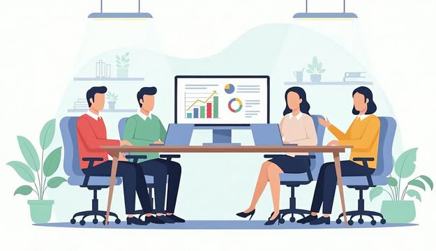 Business meeting with charts on screen and office interior. Team discussing financial data and business strategy. Collaboration and teamwork concept. Flat illustration animated graphics - Powered by Adobe