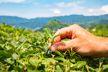 Hand picking fresh tea leaves in a lush field surrounded by mountains on a sunny day
