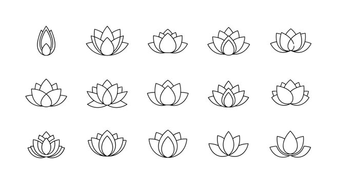Collection of stylized lotus flower icons in white outline on a black background, showcasing various stages of bloom and petal arrangements, perfect for yoga, meditation, wellness, and spa branding