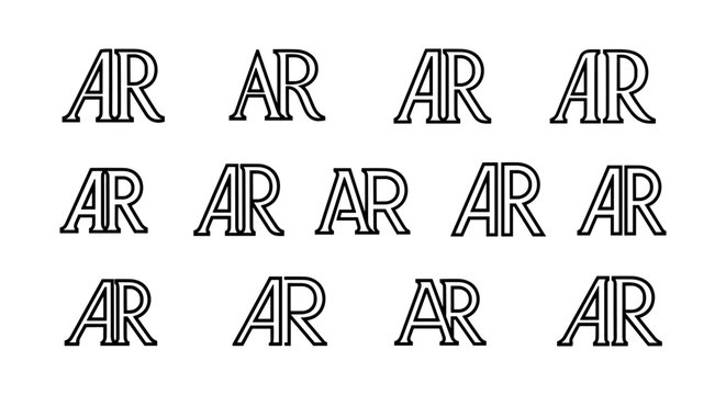 A repeating pattern of the letters "AR" in a stylized, embossed font, set against a solid black background. The letters appear to be outlined with a subtle, light gray glow, creating a modern and