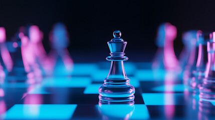A captivating chess game bathed in neon lights, where strategy meets artistry. The transparent queen piece is the focal point, ready for the next strategic move.