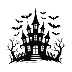 Haunted house with bats and dead trees silhouette for halloween
