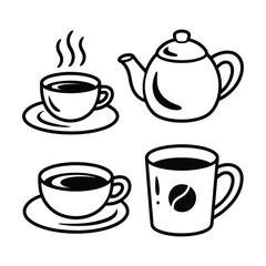 Coffee cups and teapot with steam and coffee bean illustration