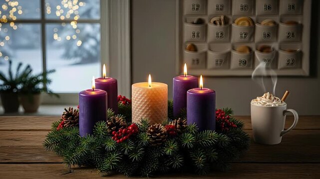 An advent wreath sits on a wooden table with lit candles as steam rises from cocoa. An advent calendar hangs nearby, all enhancing the cozy holiday atmosphere. Enjoy this festive video advent