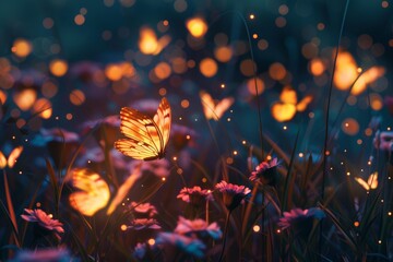 Magical glowing butterflies flying over flowers at night, creating a beautiful and enchanting scene