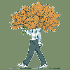 floral-headed walker with checkered shirt and bright orange bouquet, bouquet-faced stroll in sneakers and blue trousers; social media hero for lifestyle, floristry, or fashion brands 