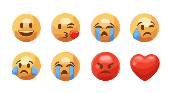 Collection of eight expressive 3D emoji icons, including a smiling face, a kissing face with a heart, two crying faces, an angry red face, and a red heart symbol, all set against a black background
