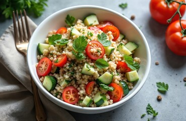 Tabbouleh salad with couscous, tomatoes, cucumber and fresh herbs in white bowl. Healthy vegetarian dish, refreshing meal for lunch or dinner. Side dish preparation.