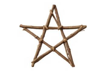 Handcrafted wooden pentagram star symbol representing pagan, wiccan, and occult concepts, having a rustic, natural design, isolated