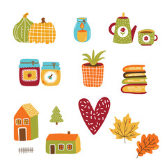 Autumn fall symbols cute colorful flat vector icons set. Vector illustration