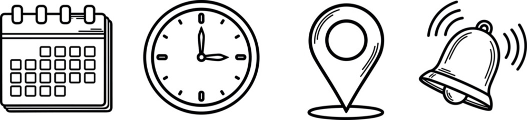 Appointment Scheduling Calendar, Clock, Location, Bell Line Icons
