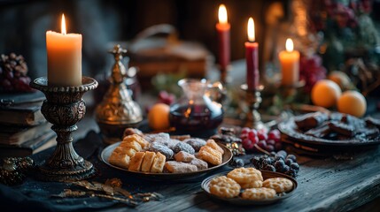 Table is set with a variety of food and drinks, including wine, fruit, and pastries. The table is lit with candles, creating a warm and inviting atmosphere