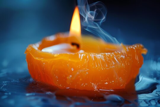 Melted orange candle recently extinguished with smoke, resting on a wet surface