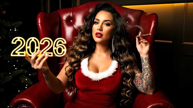 Woman in festive attire holding 2026 year number, smoking cigar seated in luxurious chair beside decorated tree, warm lighting creates celebratory atmosphere.