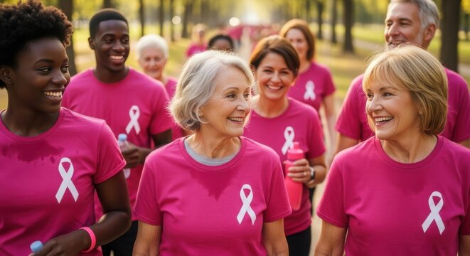 Walking participants in pink shirts smiling during charity event