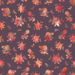 Seamless watercolor floral pattern in warm autumn tones on a violet background with polka dot texture. Elegant hand-painted texture for fabric, wrapping paper, wallpaper, and digital surface design.