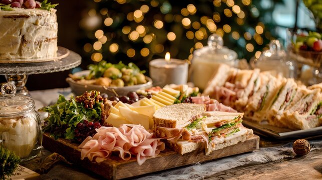 Table with a variety of food, including sandwiches, salads, and desserts. The table is set up for a holiday gathering or celebration