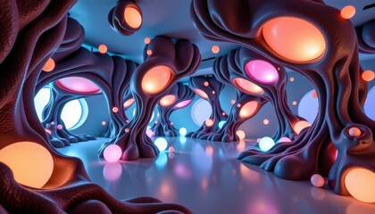 Abstract Room with Glowing Organicshaped Spheres