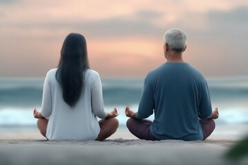 Mature couple finding inner peace and wellness together, sitting in a lotus pose during a serene meditation practice on the sandy beach against a beautiful soft pastel sunset sky