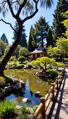 Japanese Tea Garden with Plants and Pond Scene