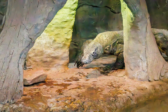 Komodo Dragon native to Komodo Island in Indonesia at a zoo in Tennessee. They kill large mammals like baffalo by biting them and then stocking them until they die from their toxic saliva.
