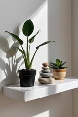 Minimalist Plant and Rock Arrangement White Shelf