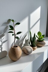 Minimalist Plant and Rock Arrangement White Shelf