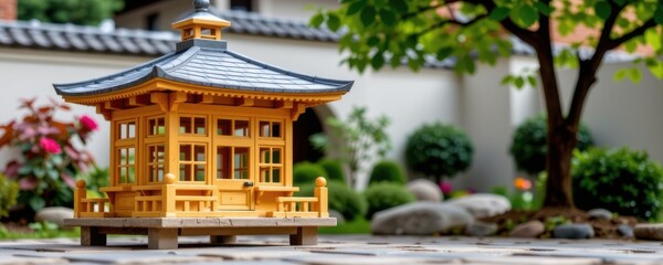 Small Yellow Japanese Garden Stone Pavilion