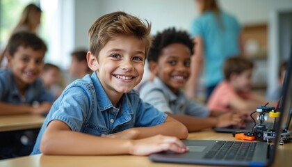 Two smiling young boys in STEM class use laptops and robots for learning. Diverse kids engage in coding and science projects. Teacher observes classroom.