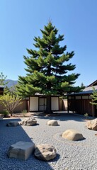 Serene Japanese Zen Garden with Raked Gravel and Pine Tree