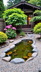 Serene Japanese Garden with Small Pond and Lush Vegetation