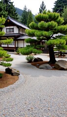 Serene Japanese Zen Garden with Raked Gravel and Pine Tree