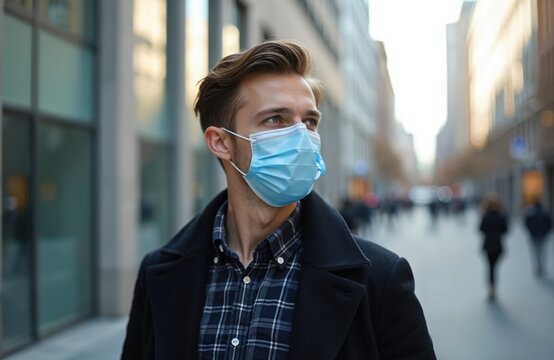 Young man wears blue face mask on city street. Guy protects from virus pandemic, flu epidemic. Male wears jacket, shirt. People walk on road. Concept of lockdown, quarantine during covid.