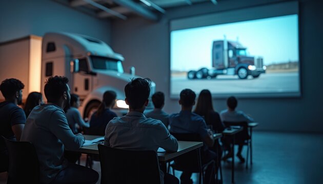 Students attend truck driving school class. Instructor shows truck on projector screen. People learn trucking career in classroom. Truck visible in background.