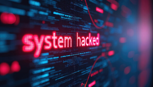 System hacked text glowing red on digital screen display. Computer code in background cyberattack, data breach. Concept for online security threat, internet crime, malware warning, network