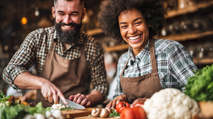 Happy diverse mixed couple preparing cooking healthy meal vegetables kitchen together