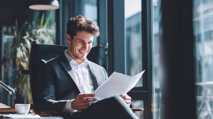 Young business man working looking documents letter data results happy successful office job promote