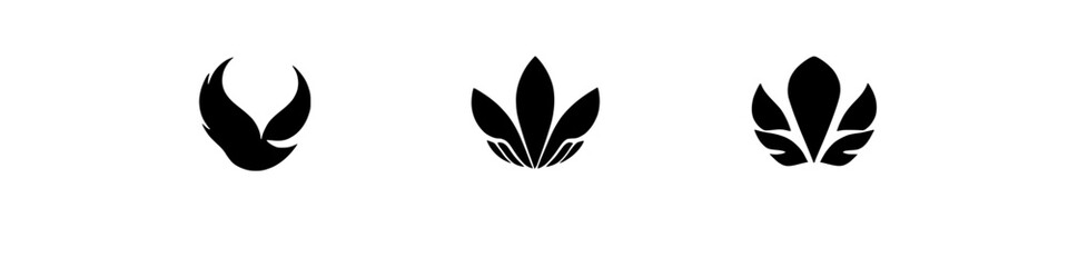 three variations of stylized leaf or flame designs in black and transparent