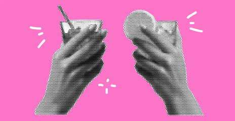 Cocktail Hand Collage Art. A pink drink party element with a retro lemon and summer toast for a celebration poster..