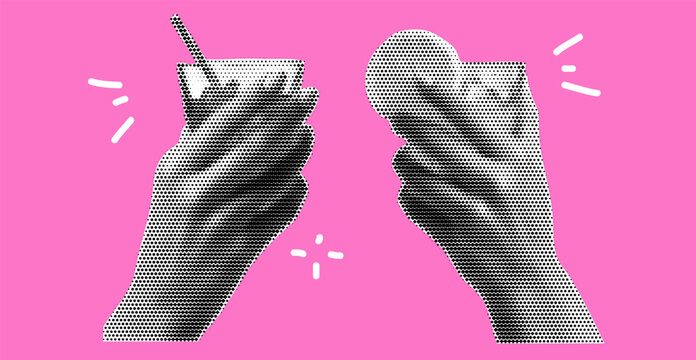 Cocktail Hand Collage Art. A pink drink party element with a retro lemon and summer toast for a celebration poster..