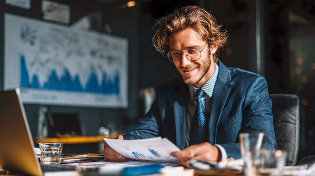 Young business man working looking papers data results happy successful office - Powered by Adobe