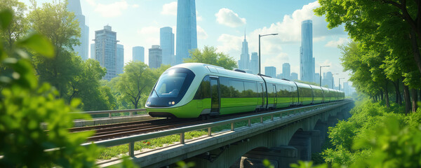 Futuristic green electric train travels on railway bridge in park. Eco-friendly public transport goes to city with skyscrapers. Modern sustainable transit system concept for urban infrastructure,