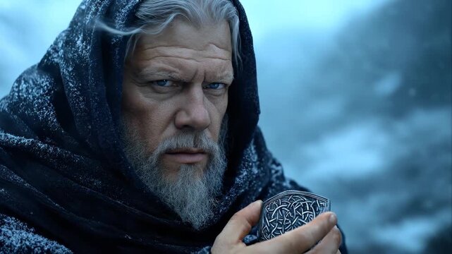 A wise, powerful elder god, shrouded in a snowy cloak, gazing intently. He holds a detailed ancient artifact, representing Germanic Norse mythic leadership and wisdom.
