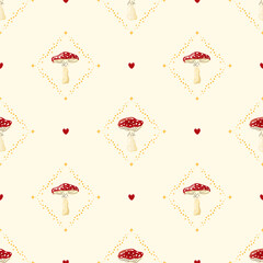 Vector seamless pattern with fly agaric mushrooms on a soft pastel background. Cute design, ideal for textiles, wrapping paper, wallpapers, and seasonal decorative projects