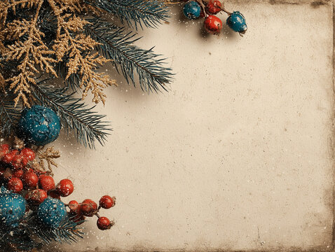 Vintage christmas background with rustic decorations and copy space