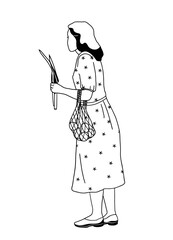 standing woman with leek and mesh bag isolated on white background, farmers market scene, hand-drawn vector illustration