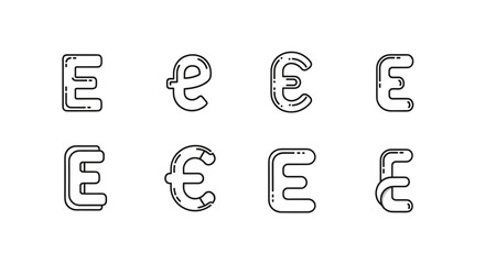 A collection of stylized letter E and Euro currency symbols, presented in a modern, minimalist outline design against a stark black background, showcasing variations in form and style for graphic