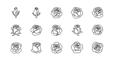 Collection of stylized white line art rose illustrations on a black background, showcasing various stages of bloom from buds to fully opened flowers, perfect for graphic design and decorative